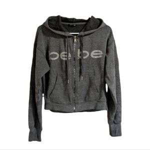 Bebe Charcoal Zip-Up Hoodie with Rhinestone Logo